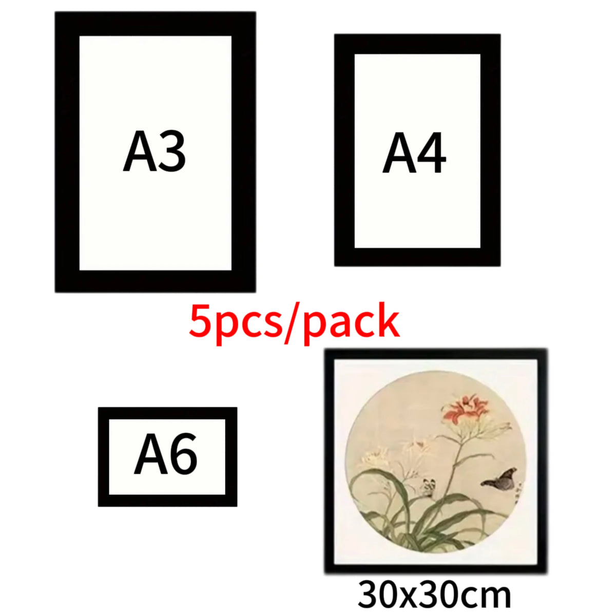 A set of four magnetic picture frames labeled A3, A4, and A6, with one frame showing a floral design.