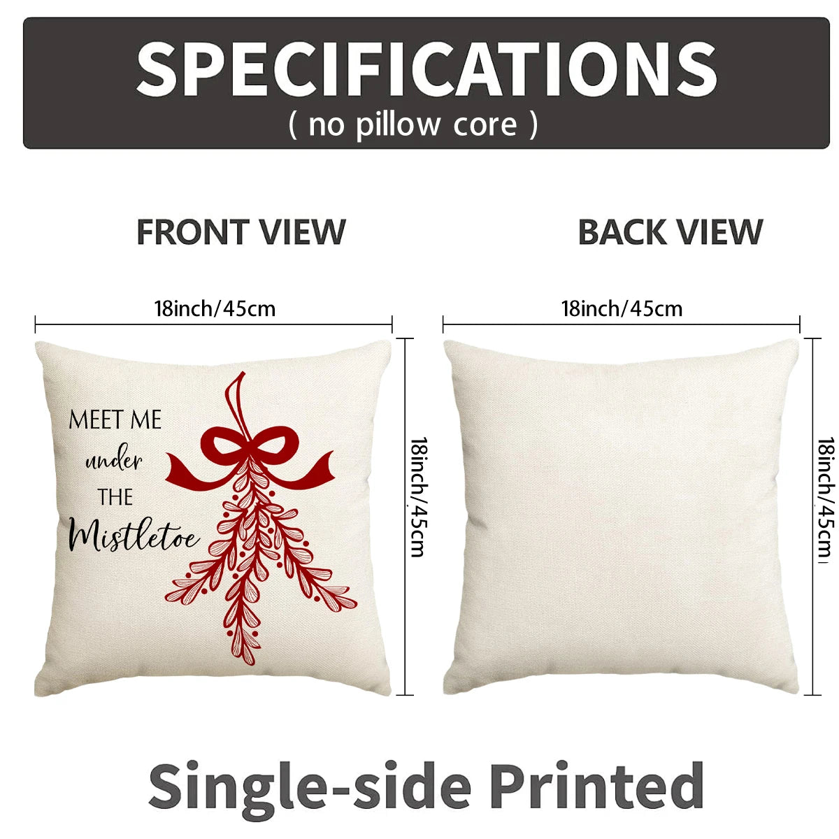 Front and back views of a single-side printed cream cushion cover featuring a red bow and wreath design.