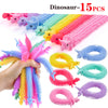 A collection of 15 colorful dinosaur-themed stretch sensory fidget toys in various colors and shapes.
