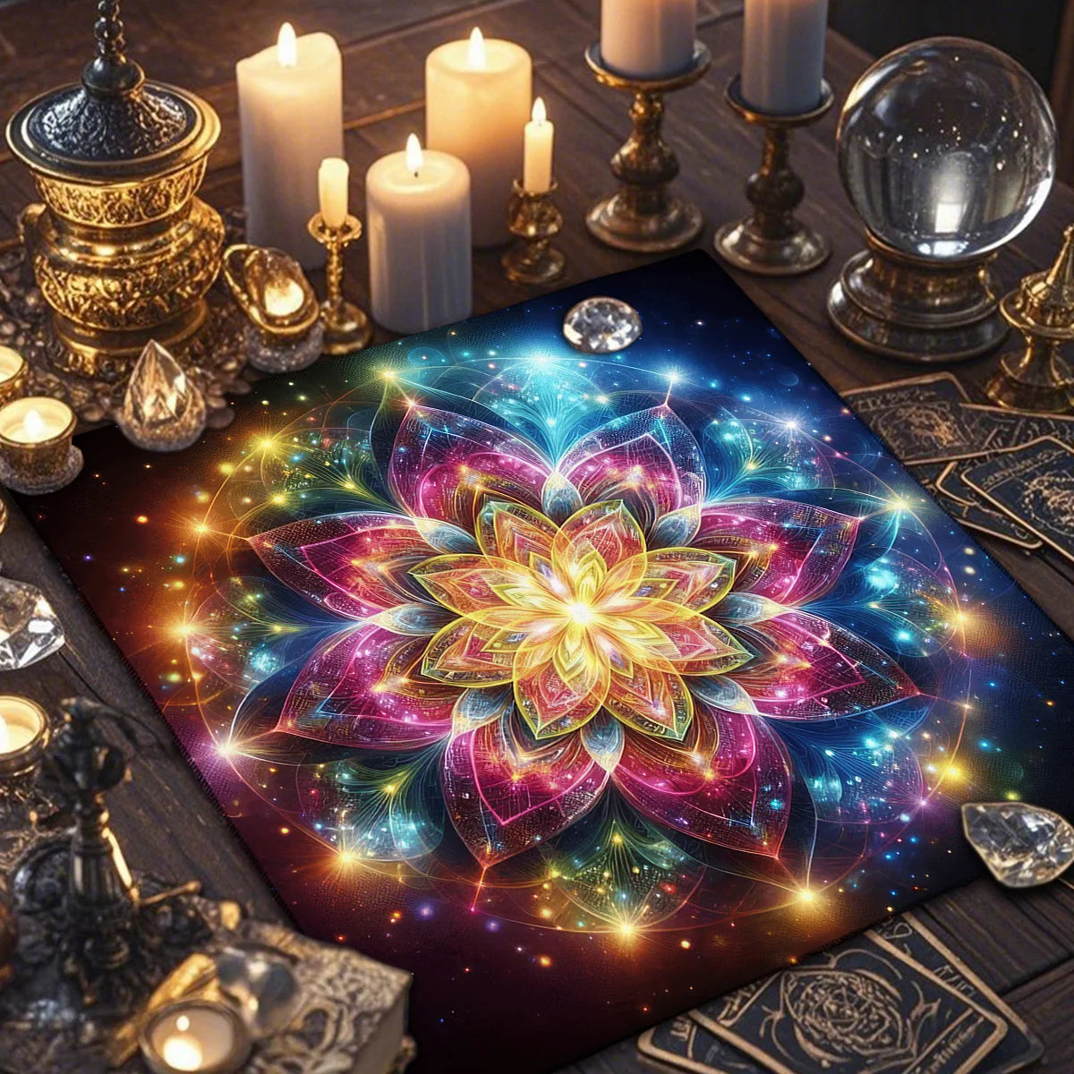A dark altar cloth decorated with glowing geometric patterns and surrounded by candles and brass objects.