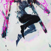 A dynamic anime illustration of Chainsaw Man in a white shirt and black pants, rendered with vibrant pink splatter effects on