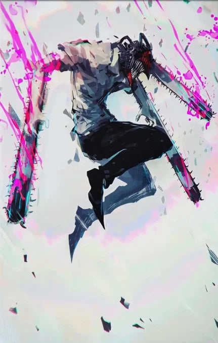 A dynamic anime illustration of Chainsaw Man in a white shirt and black pants, rendered with vibrant pink splatter effects on