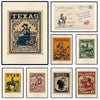 A collection of vintage western wall art prints featuring states like Texas, Tennessee, Colorado, Utah, Arizona, and Oklahoma