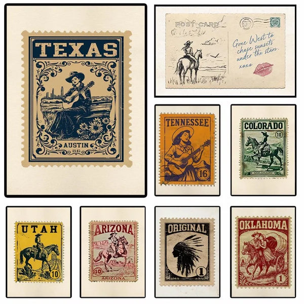 A collection of vintage western wall art prints featuring states like Texas, Tennessee, Colorado, Utah, Arizona, and Oklahoma