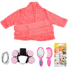 A pink fluffy lawn goose costume set includes a jacket, a headband, and a comb.