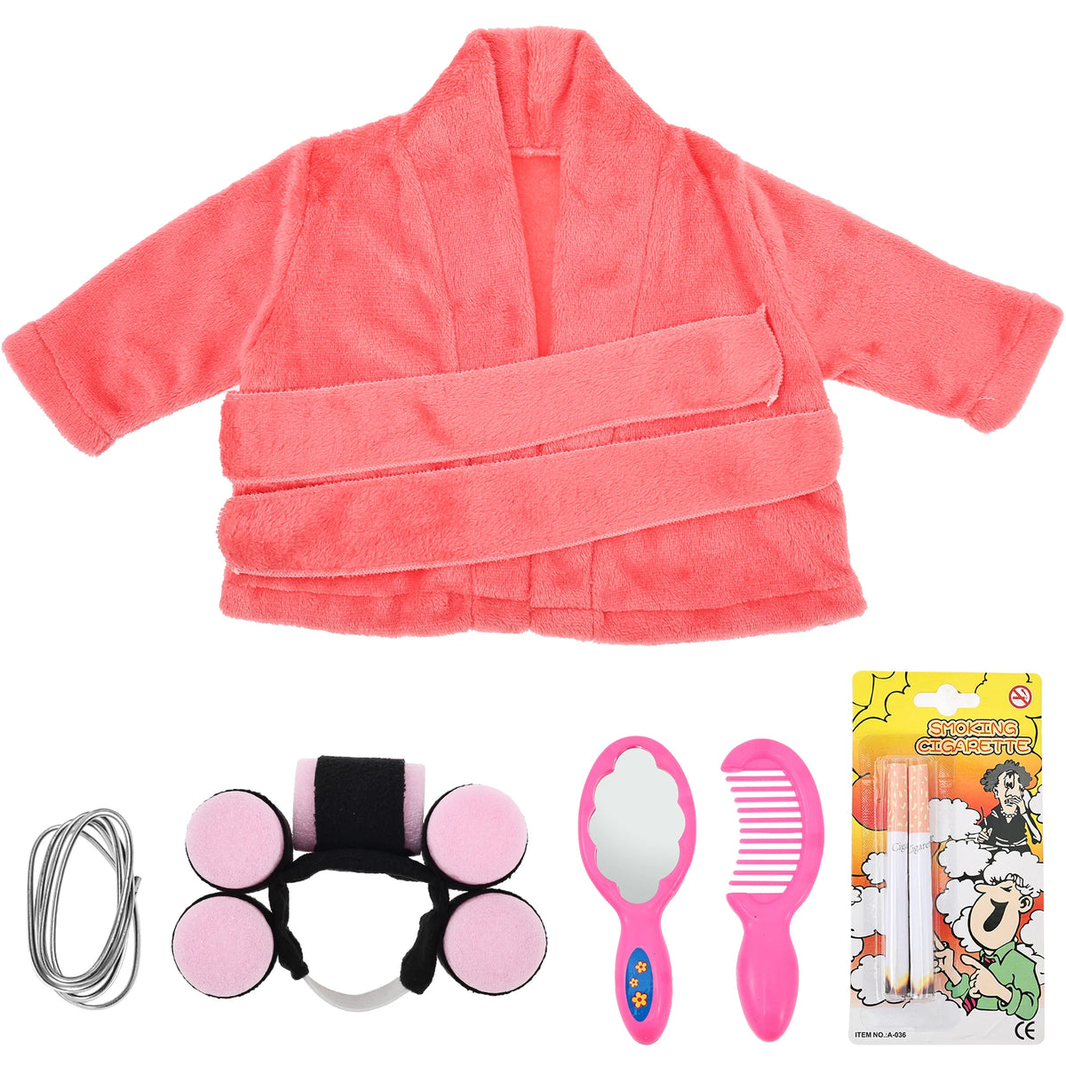 A pink fluffy lawn goose costume set includes a jacket, a headband, and a comb.