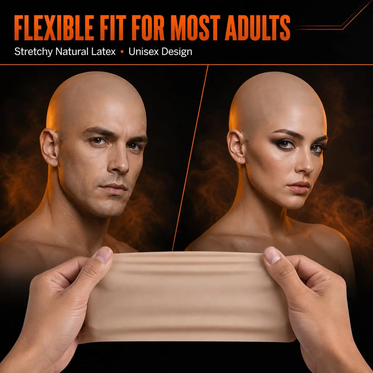 A hand holds a realistic latex bald cap for adults, demonstrating the unisex design and fit.