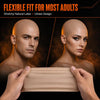 A hand holds a realistic latex bald cap for adults, demonstrating the unisex design and fit.