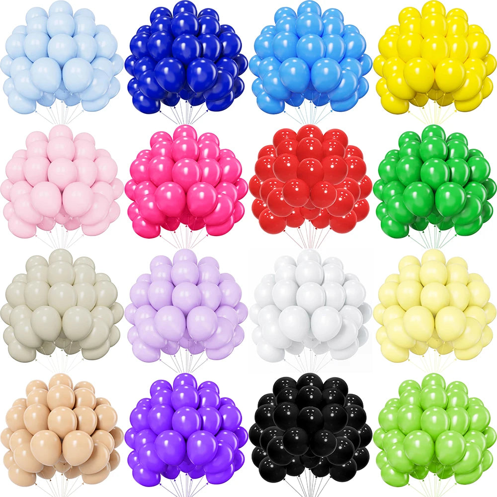 A collection of pastel party balloons in various shades including blue, pink, purple, red, green, and yellow.