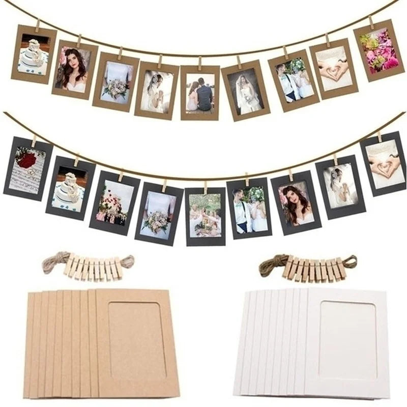 A display set featuring rustic wooden clip photo frames with kraft paper for displaying photographs.