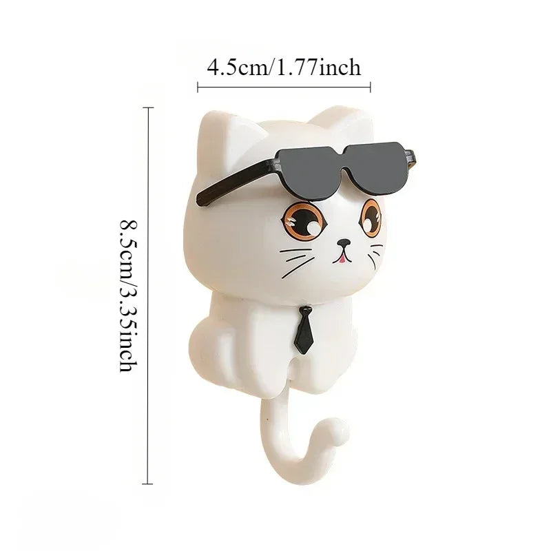 Cartoon Cat Adhesive Hooks – No-Damage Wall Hooks with Sunglasses Design