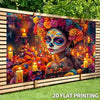 A vibrant sugar skull backdrop featuring a woman with intricate floral calavera makeup and colorful flowers against a dark ba
