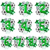A set of green and silver foil balloons shaped like numbers 0 through 9 for a football themed party.