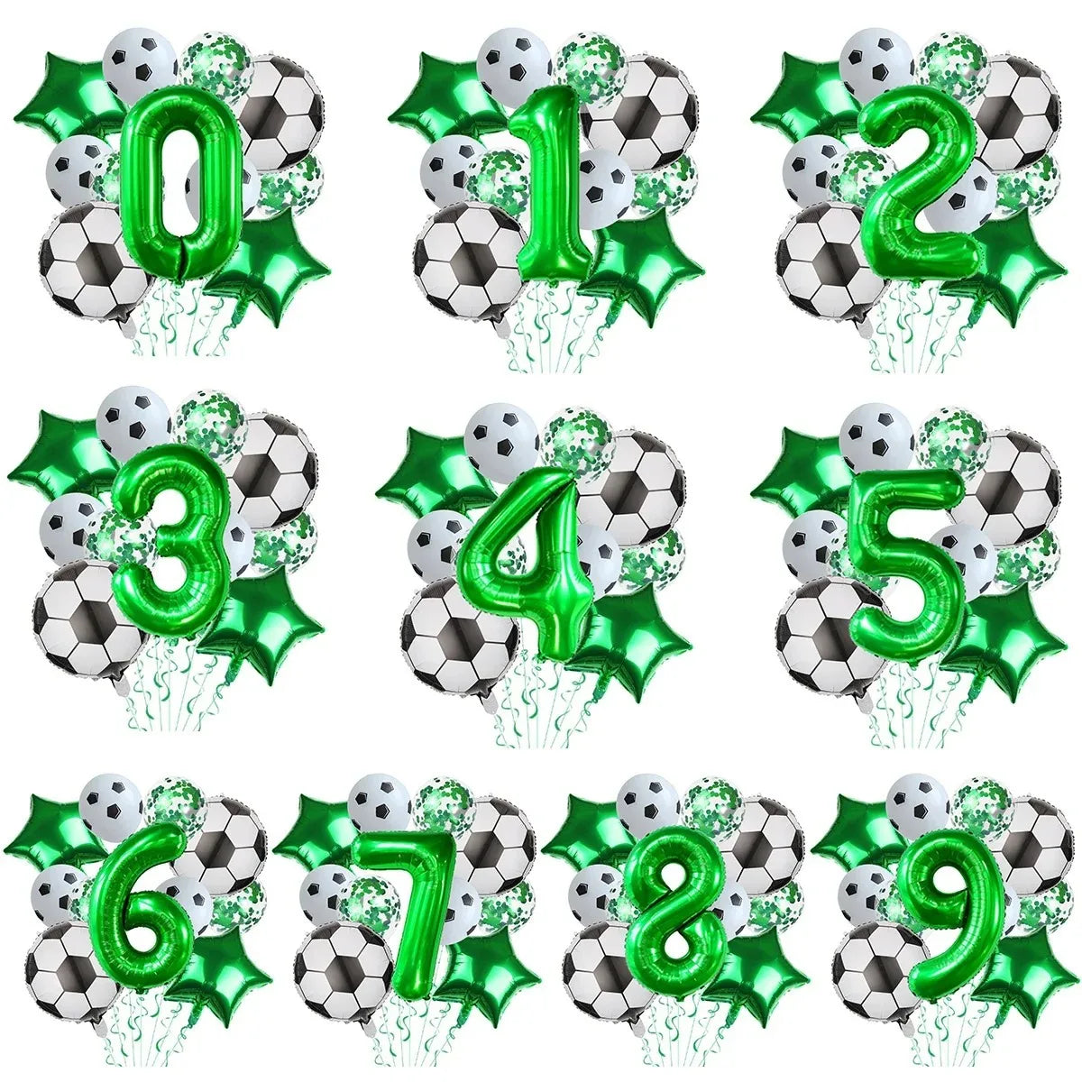 A set of green and silver foil balloons shaped like numbers 0 through 9 for a football themed party.