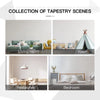 A collection of four tapestry scenes showing living room, room, restaurant, and bedroom settings.