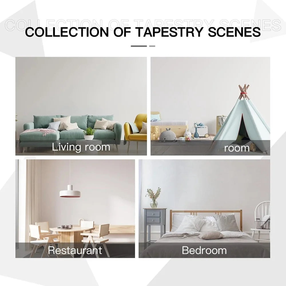 A collection of four tapestry scenes showing living room, room, restaurant, and bedroom settings.