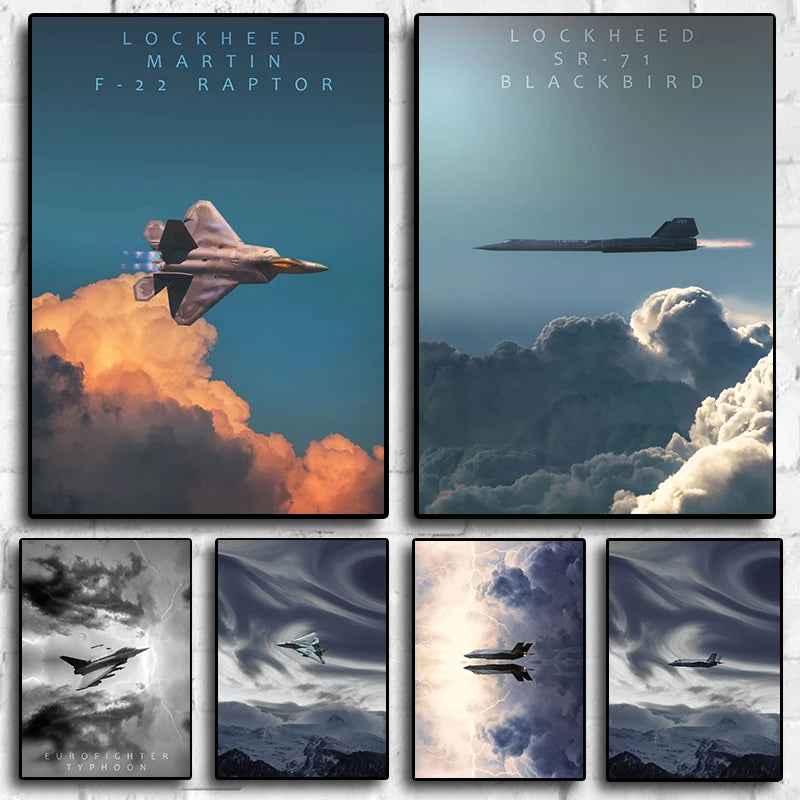 A set of three canvas wall art posters featuring Lockheed Martin F-22 Raptor and Lockheed SR-71 Blackbird aircraft against dr