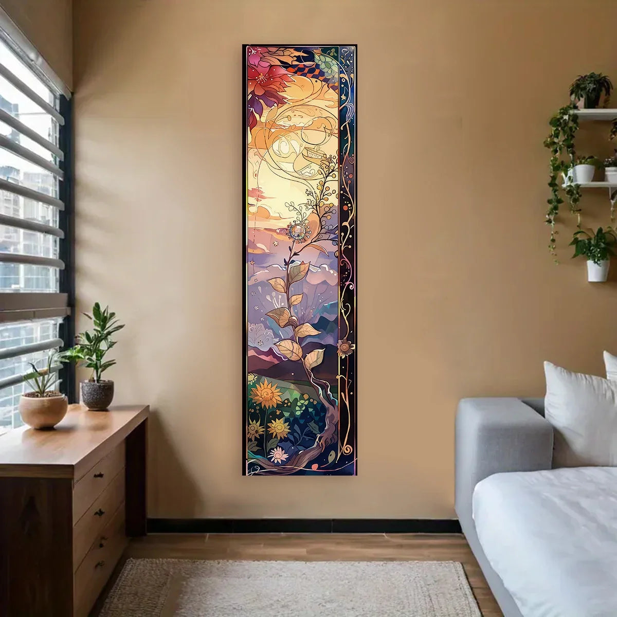 A vertical tapestry featuring a Bohemian Tree of Life design with vibrant floral and foliage colors hanging on a beige wall.