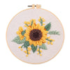 Punch needle embroidery kit featuring a sunflower design on a piece of cloth with tools.