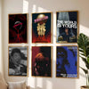 A gallery wall featuring five posters with the text The World Is Yours in various styles and colors.