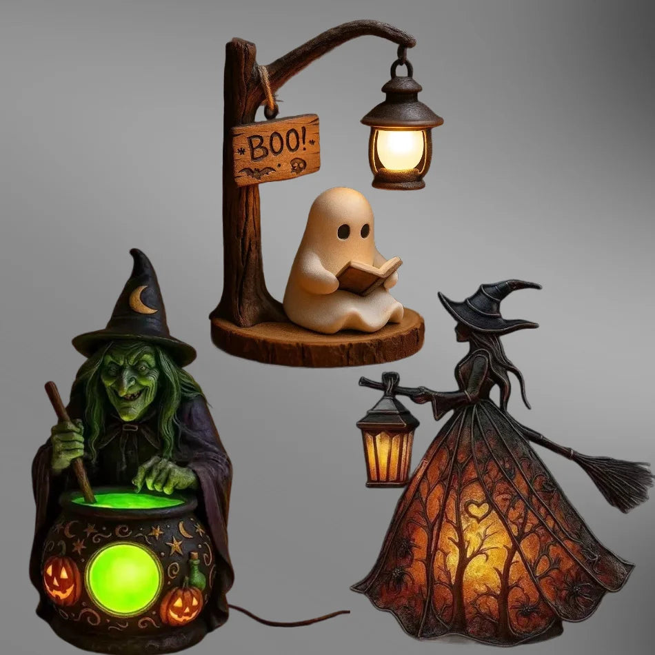 A dark witch figure and a ghost lantern are displayed next to a wooden stand with an antique lantern.