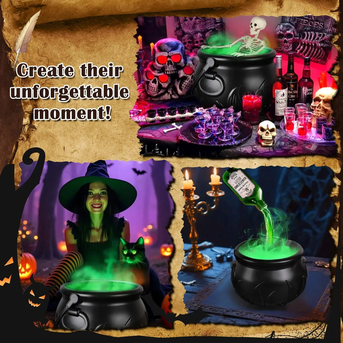 A black cauldron with green fog mist is shown in a Halloween witch context, surrounded by spooky props.