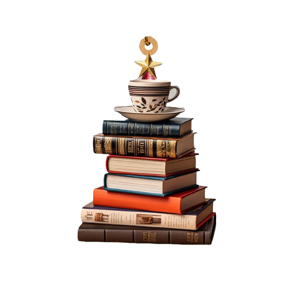 Ornement arbre à livres créatif avec des livres empilés menant à une étoile dorée et une tasse de thé.