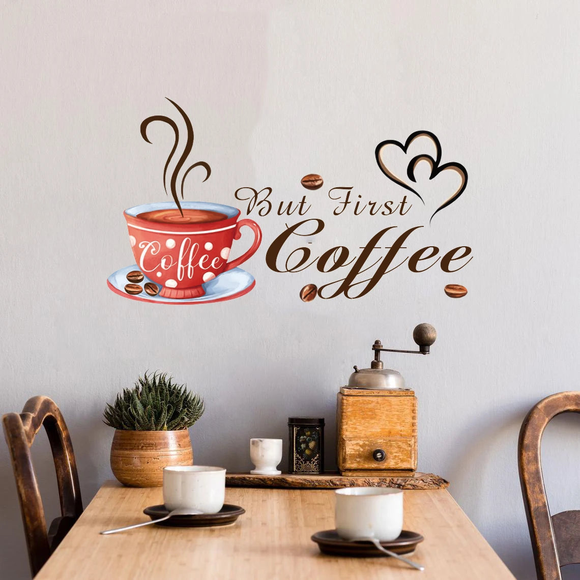 Calcomanía de pared con el diseño de una taza de café roja humeante que dice "But First Coffee"