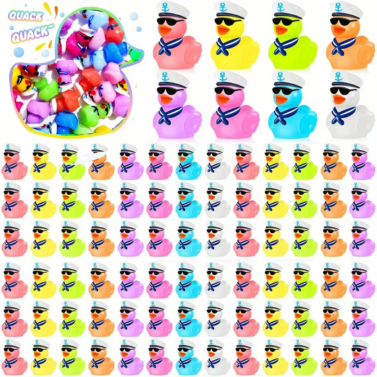 A collection of thirty mini resin cruise ducks with sunglasses in assorted bright colors.