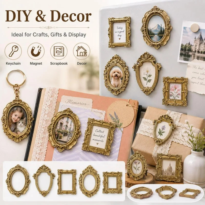 A collection of vintage resin mini photo frames in gold and silver tones for crafting and display.