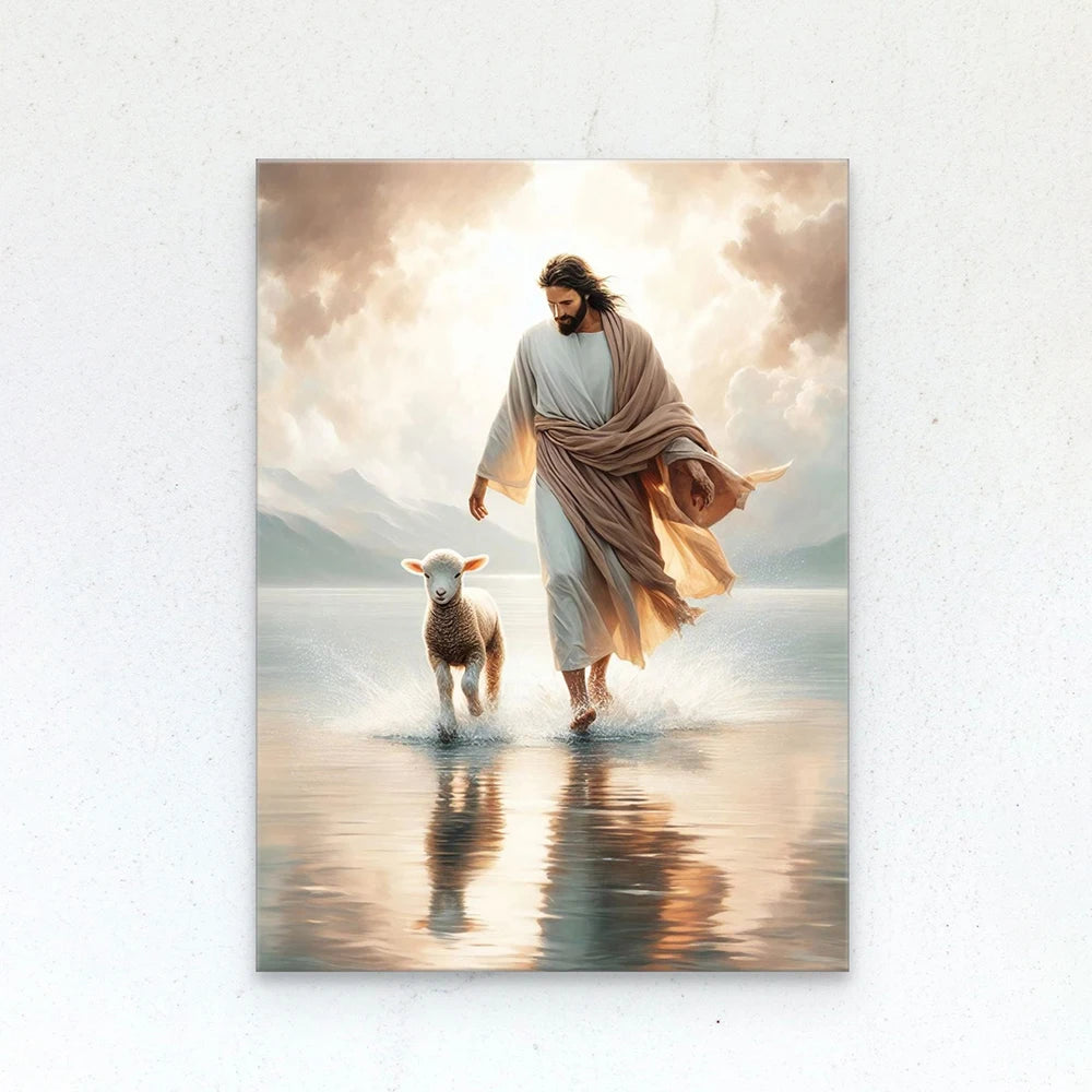 A painting depicting Jesus Christ walking through water with a lamb, rendered in soft, warm tones.
