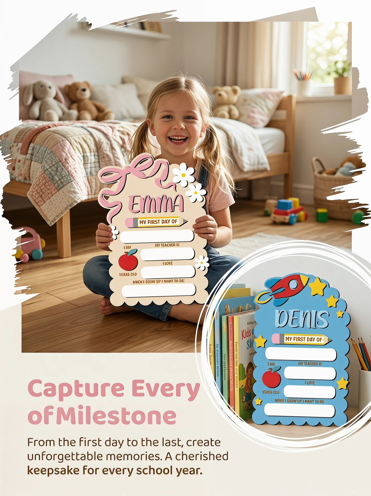 A wooden sign for a child's first day of school featuring a daisy bow and personalized text.