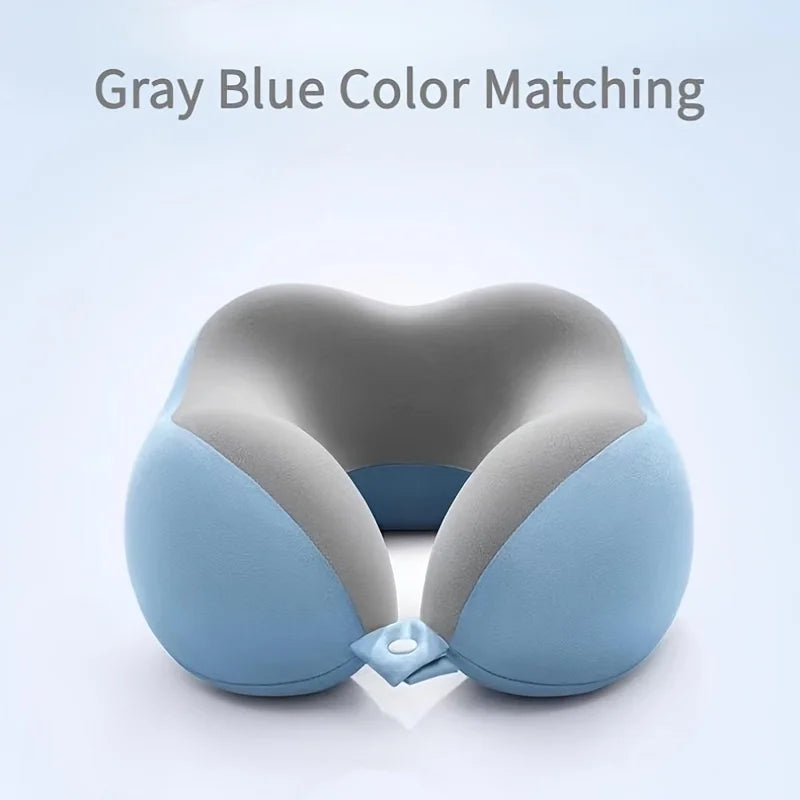 Gray blue color matching U-shaped memory foam neck pillow shown from the front