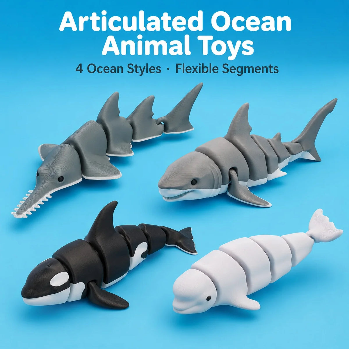 A set of four articulated ocean animal toys in various styles and colors, including a shark, a dolphin, and a sea turtle.
