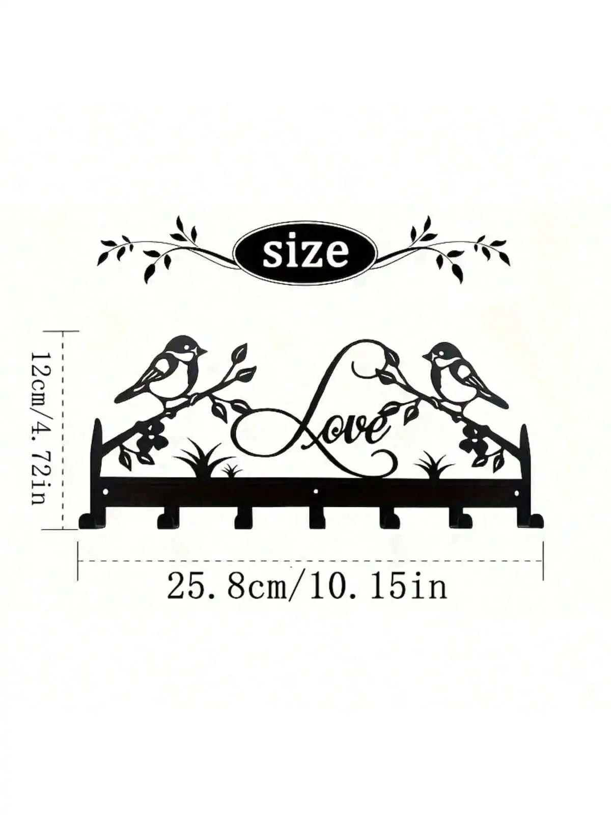 Black metal wall decor featuring a bird silhouette and decorative foliage, with dimensions 25.8cm or 10.15in.