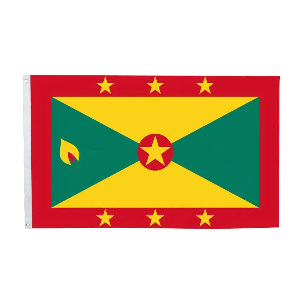 A rectangular flag design featuring red borders, green and yellow diagonal fields, and a central red star emblem.