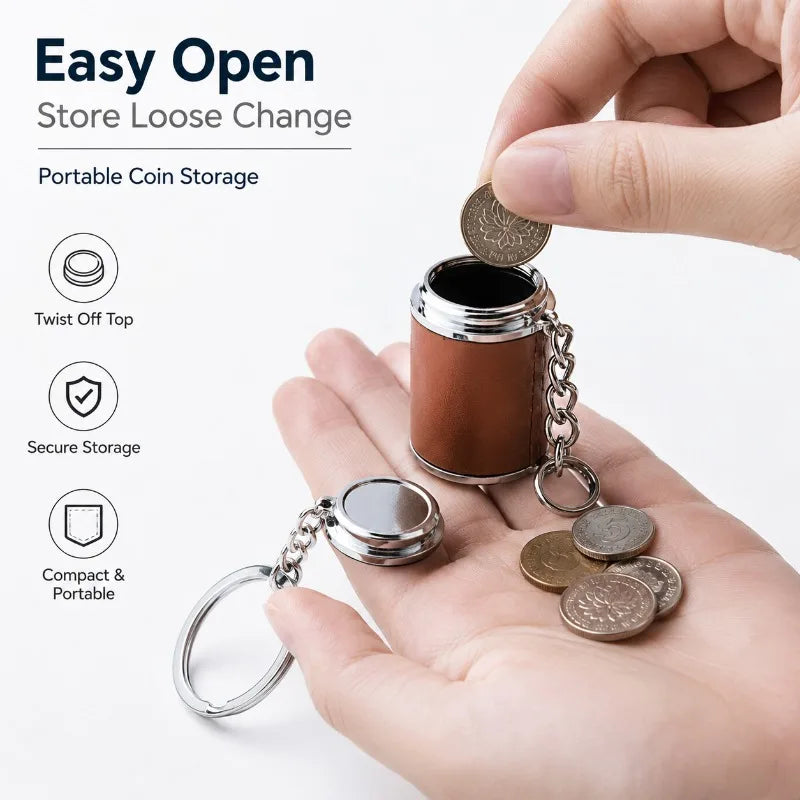 A hand holds a small brown tin coin storage container with a silver chain and several coins, demonstrating easy open and secu