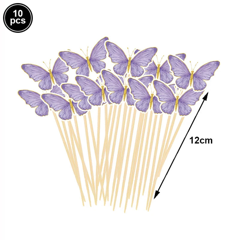 Ten purple butterfly toppers on wooden sticks for cupcakes and parties