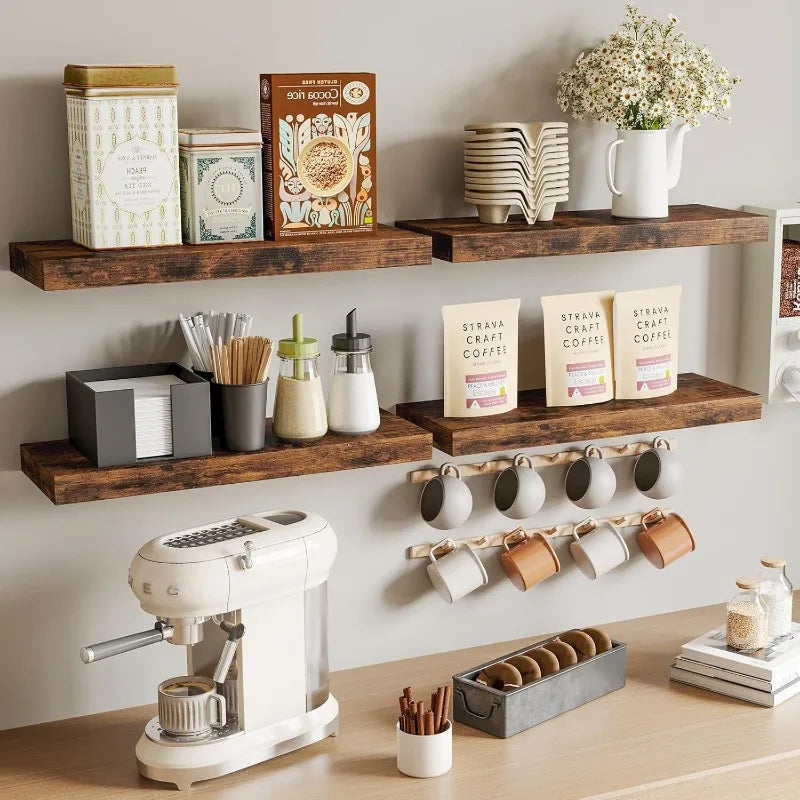 A wooden floating wall shelf organizer displaying various coffee and tea accessories.