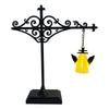 Black wrought iron antique library lantern with a yellow glass shade and hanging chain