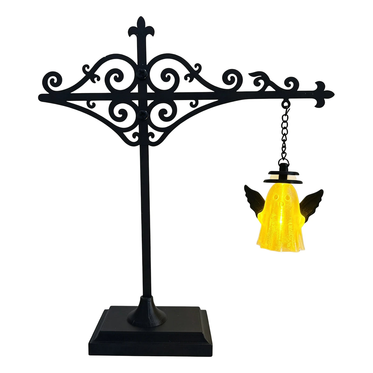 Black wrought iron antique library lantern with a yellow glass shade and hanging chain