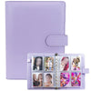 A purple reusable A5 binder for Kpop photocards with clear plastic sleeves.