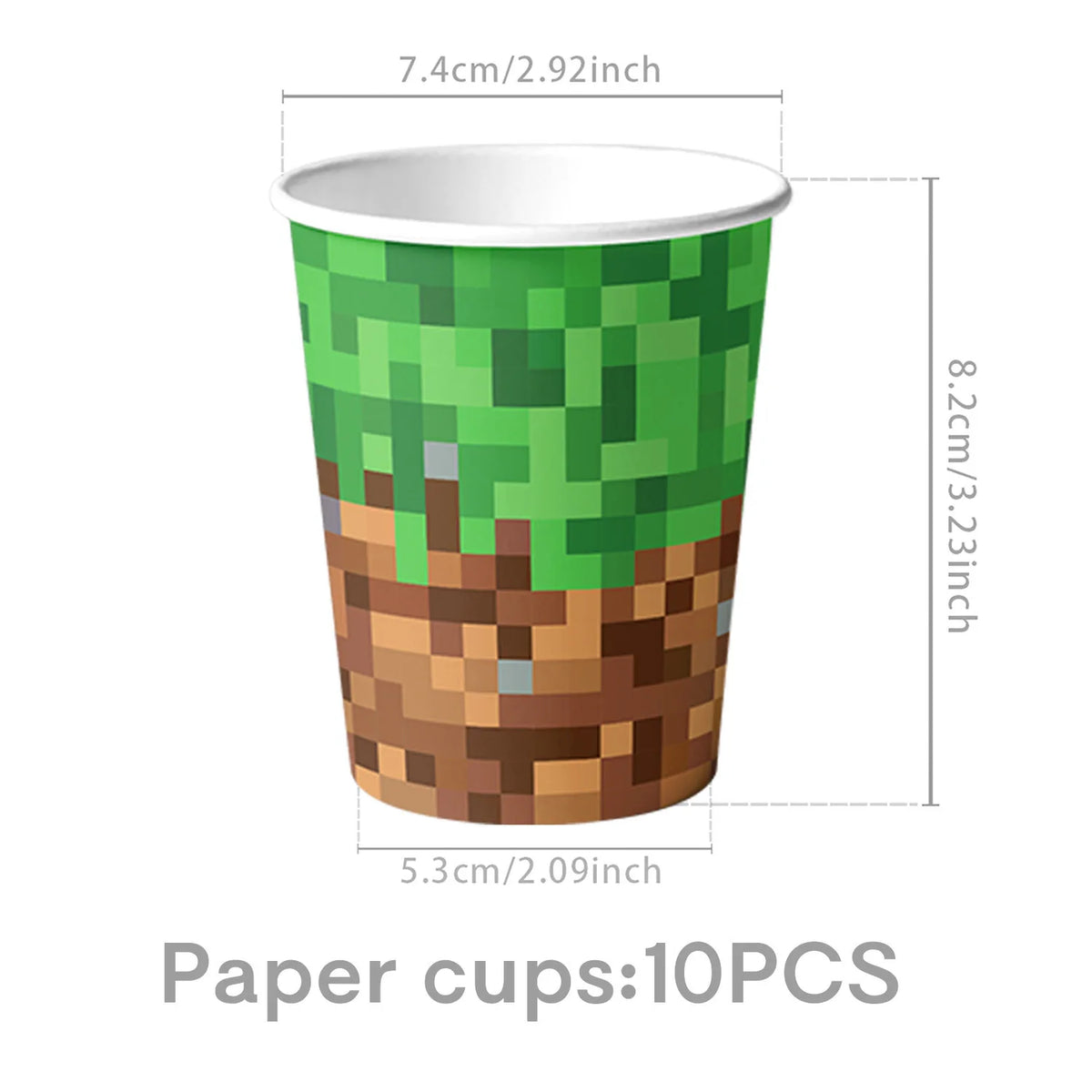 A set of 10 paper cups designed like green pineapples with brown bases for a miner-themed party.