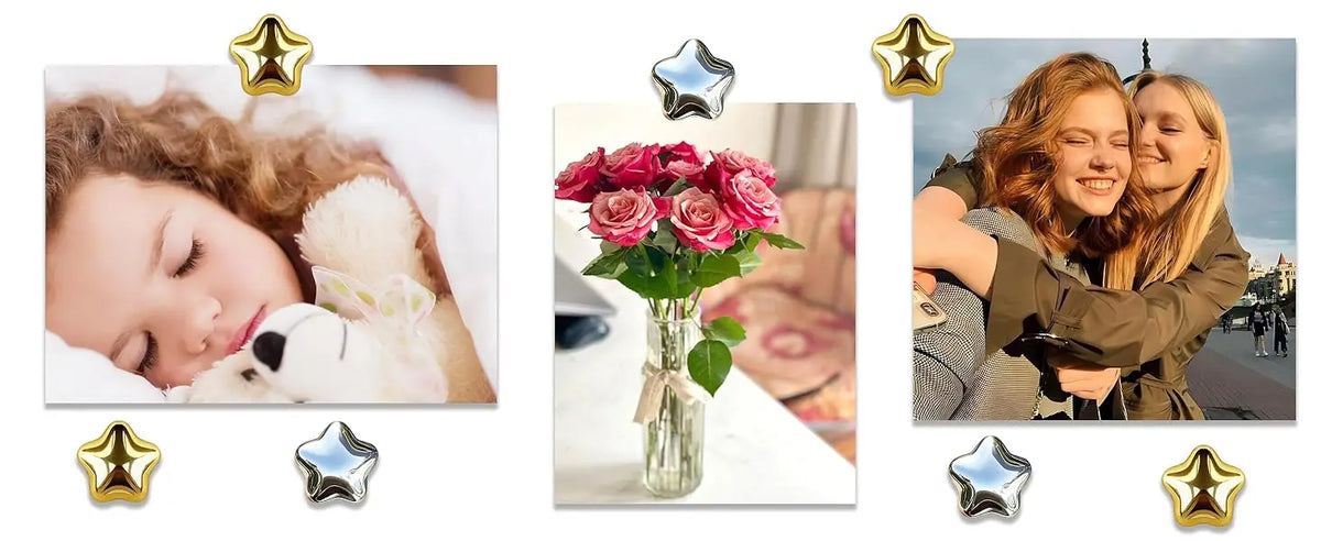 A set of 15 gold star fridge magnets featuring various decorative and functional designs.
