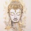 A watercolor painting of a serene Buddha head with a golden crown and flowing leaves.