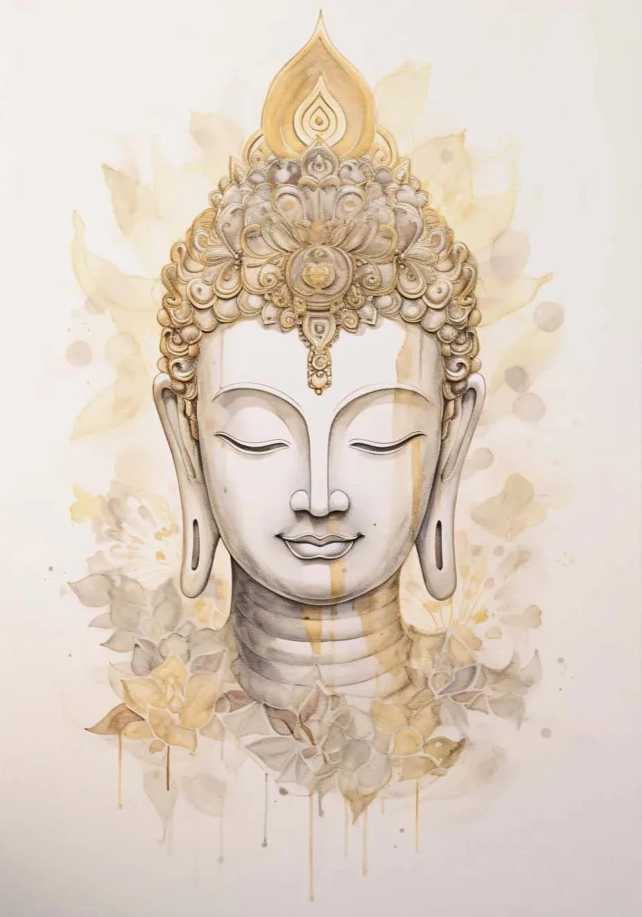 A watercolor painting of a serene Buddha head with a golden crown and flowing leaves.