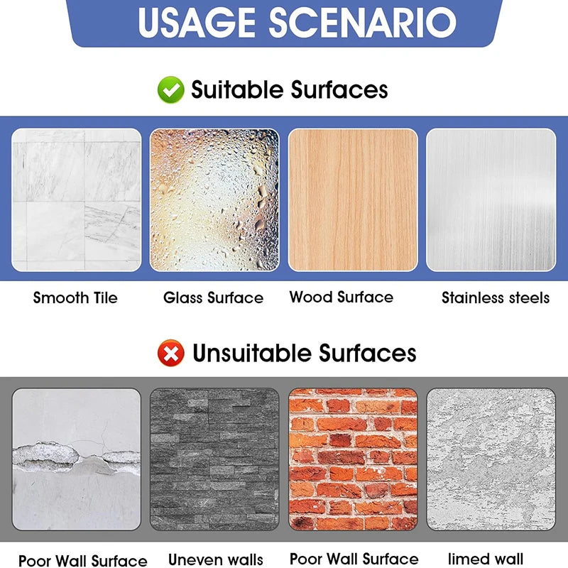 Diagram showing suitable and unsuitable surfaces for self-adhesive curtain rod brackets.