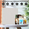 A beige linen photo album with self-adhesive pages displayed next to features highlighting its quality and durability.