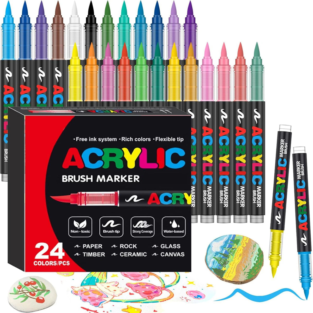 A set of acrylic brush markers in various colors and tips displayed next to a box and paint supplies.