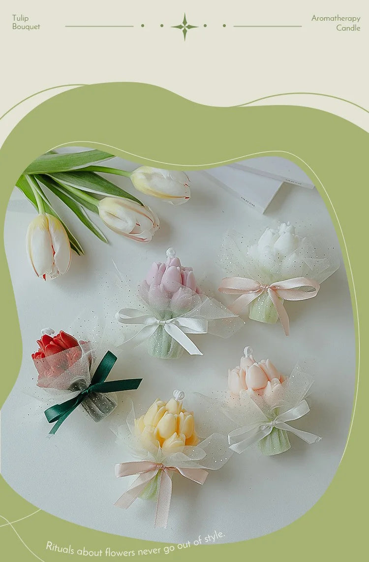 A collection of dried and fresh tulips arranged in various colors and wrapped with sheer tissue paper for an aromatherapy can
